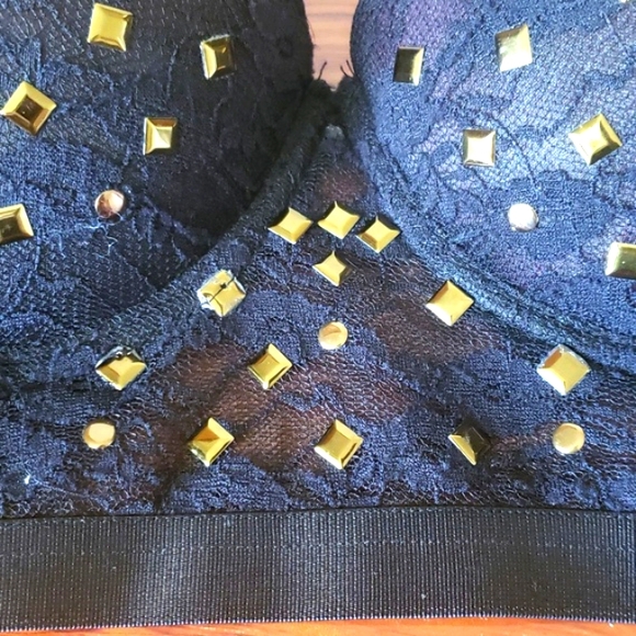 Bikini Swim Top Push Up Black Lace Gold Tone Metal Studded Women's Size 36B. - Picture 12 of 14